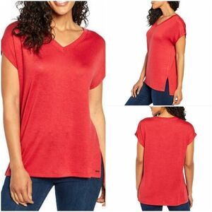 🔹️Orvis Burnt Clay Vneck Tunic Knit Short Sleeve Top XSmall